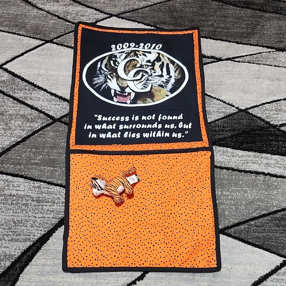 VINTAGE HANDMADE "SUCCESS IS NOT FOUND IN WHAT SURROUNDS US," TIGER  WALL HANG